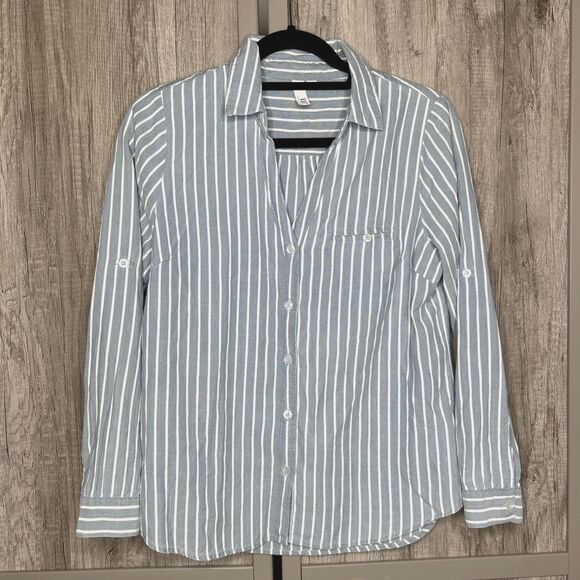 Kut From The Kloth Top Sz M Petite V Neck Button Down Striped Gray Office - Picture 1 of 6